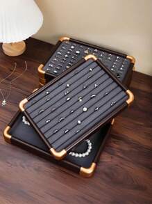 1 Pieza, Caja de almacenamiento de anillos con bordes redondeados con borde dorado, color gris, bandeja de exhibición, caja de almacenamiento de joyas, gran capacidad, madera maciza de alta calidad, para aretes, pendientes, joyería pequeña, joyería, gran capacidad, bandeja de exhibición, caja de exhibición de joyas de madera maciza, adecuada para anillos, aretes, etc., estilo retro, es una opción de regalo para mujeres, regalo del Día de la Madre, regalo para amigos, regalo para novia, regalo para familiares, regalo para maestros, regalo para colegas