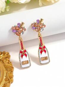 2pcs Creative Alloy Enamel Inlaid Pearl & Rhinestone Wine Bottle Earrings, Bow Tie Wine Bottle Jewelry, Suitable For Women's Daily, Costume Ball, Party, Celebration Occasions