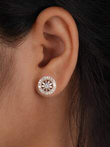 一对 S925 锆石纯银简约耳环，适合女士日常佩戴约会礼物精美珠宝礼物 - 圓形鑽石耳環 - 查看 4