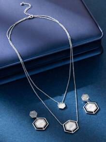 1set Elegant Hexagon Mother-Of-Pearl Necklace & Earrings Jewelry Set, Perfect For Parties And Daily Wear