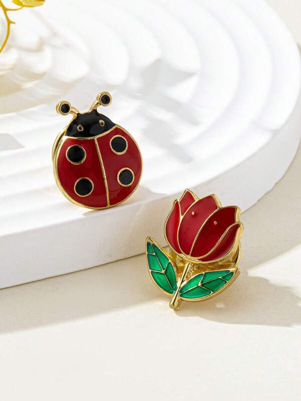 2pcs Luxury Alloy Brooches Set, 7-Star Ladybug & Rose Flower Drop Oil Crafted Insect Pattern, Natural Theme Pin Brooch Accessories For Jacket, Scarf Backpack For School Office Accessories Shirts Jewelry Christmas Halloween
