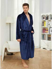 Mens Fleece Robe Plush Collar Shawl Bathrobehalloween - Navy - View 10