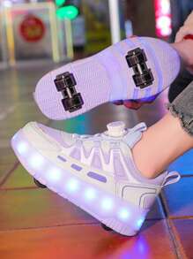 Zapatos de patines de ruedas para niños, zapatos de patinaje sobre ruedas para adolescentes, zapatos de patines de ruedas de cuero PU de doble rueda de 4 ruedas, zapatos con luces LED que se iluminan todo el año con carga USB, ruedas desmontables, patines de ruedas y patines de hielo 2 en 1