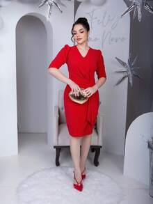 Women's Midi Wrap Dress In Tailored Knit With Princess Sleeves And Wrapped Band V-Neck Modern Elegance In Various Colors - 紅色 - View 4