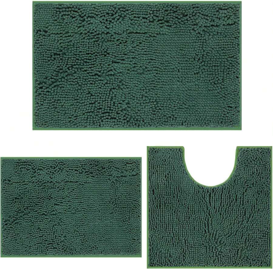 Green Bathroom Rugs - 3 Piece Chenille Bath Mat Set, Non-Slip, Absorbent Plush Bath Mats For Tub, Shower - Green - View 1