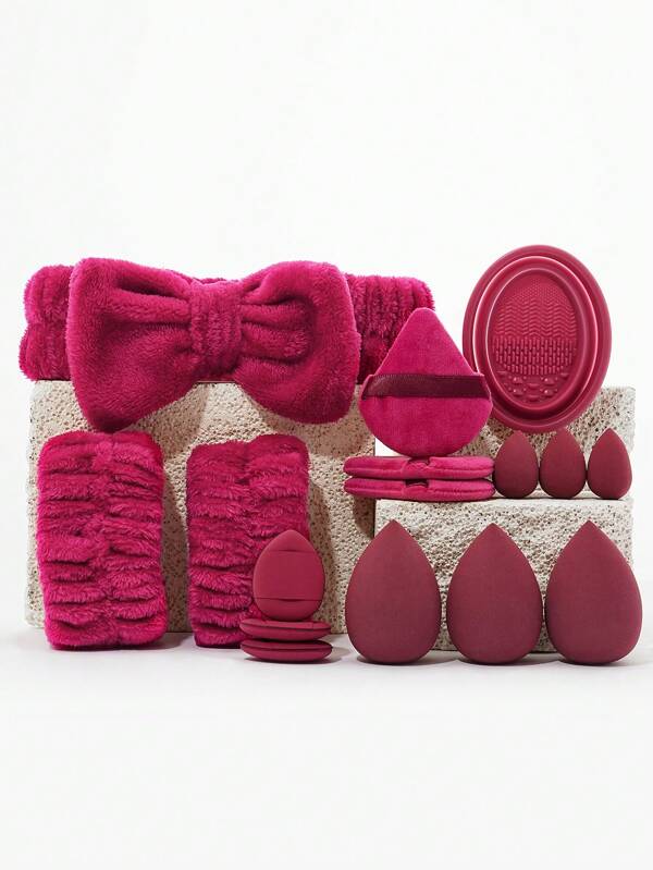 16-Piece Complete Makeup Tool Set Includes 3 Liquid Makeup Sponges + 3 Triangular Puff Pieces + 3 Finger Puff Pieces + 3 Mini Makeup Sponges + 1 Hairband + 2 Wristbands + 1 Brush Washer