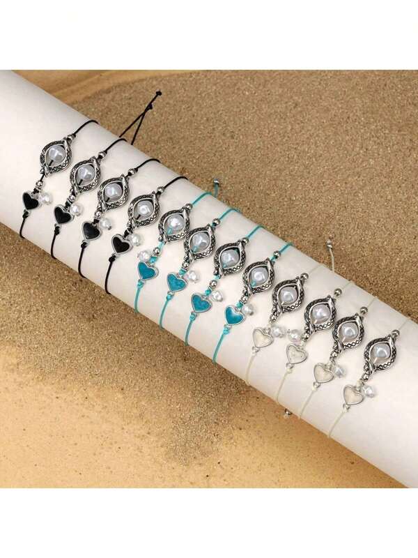 12 pièces/Set Bracelets d'amitié tressés réglables avec motifs œil et cœur