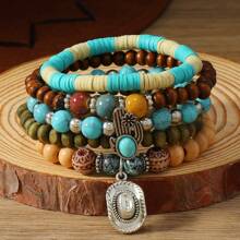 10pcs/20pcs/30pcs Bohemian Western Cowboy Style Turquoise Beaded Elastic Bracelet Set