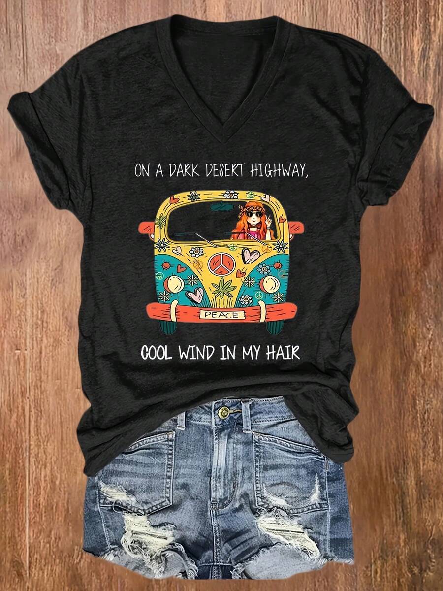Women's Casual Short Sleeve V-Neck T-Shirt - Retro Graphic Print With Peace Signs, Mushrooms & VW Van Design, Bold Lettering, Vibrant Blue, Lightweight Summer Top, Machine Washable, Ladies T Shirts, Everyday Clothing, Bohemian Style, Nontransparent Fabric - màu đen - Xem 1
