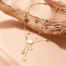 1 peça feminina banhada a ouro 18K em aço inoxidável com estrela, lua, gota d'água, zircônia em nuvem, joias da moda com pérolas