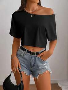 AuroraSilk Women's Off-Shoulder Cropped Top, Polyester Blend Off-Shoulder Cropped Tee Shirt - Casual Style, Machine Washable, Solid Color, Suitable For All Seasons - Black - View 5