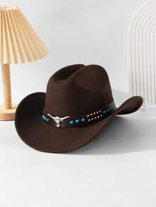 1pc Women's Leather Decorated Knitted Hat, Retro Wide Brim Western Cowboy Hat, Jazz Cap, Fashionable All-Match, Suitable For Spring, Summer, Autumn And Winter - Top Hat - View 16