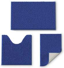 Royal Blue Chenille Bath Mat Set, 3 Piece, High Pile, Tufted, Machine Made, Non Slip, Absorbent, Fluffy, Washable, Bathroom - Blue - View 1