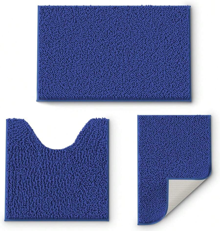 Royal Blue Chenille Bath Mat Set, 3 Piece, High Pile, Tufted, Machine Made, Non Slip, Absorbent, Fluffy, Washable, Bathroom - Blue - View 1