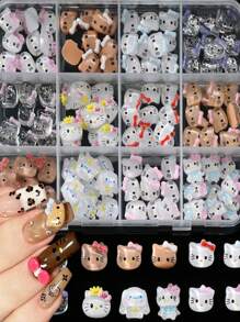 Sanrio 12Grids Resin Hello Kitty Nails Charm,120Pcs Assorted Cute Cartoon 3D Translucent Nail Art Charms,Brown Color Sparkle Clear Kitty Head Nail Decoration Y2K Manicure Parts Accessories