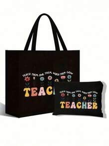 Bolsos de lino con impresión de palabras "Profesor", patrones de flores, letras con patrones de dibujos animados y animación. Incluye bolso cosmético con cremallera, bolso de aseo portátil, bolso de maquillaje, bolso de almacenamiento portátil de gran capacidad, bolsas grandes, bolsas de compra negras, monederos, regalos de agradecimiento para maestros y bolsos de lino de gran capacidad para mujeres. Adecuado para turismo, compras y actividades de playa, de vuelta a la escuela.