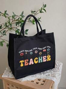 Bolsos de lino con impresión de palabras "Profesor", patrones de flores, letras con patrones de dibujos animados y animación. Incluye bolso cosmético con cremallera, bolso de aseo portátil, bolso de maquillaje, bolso de almacenamiento portátil de gran capacidad, bolsas grandes, bolsas de compra negras, monederos, regalos de agradecimiento para maestros y bolsos de lino de gran capacidad para mujeres. Adecuado para turismo, compras y actividades de playa, de vuelta a la escuela.