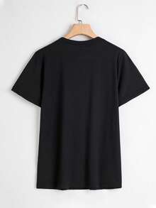 1pc Women Casual Round Neck T-Shirt With "Ciao Bella" Letter Print, Short Sleeve Knitting Polyester Top, Suitable For All Seasons - Black - View 2