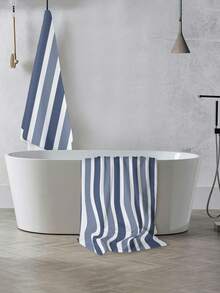 超大柔软吸水条纹沙滩巾 - 现代针织面料，是旅行、度假、泳池和露营的理想之选 - 棕色和绿色可选，必备旅行现代针织吸水毛巾 - 藍色 - 查看 4