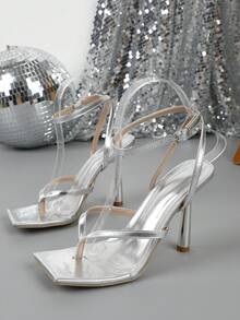 Fashionable High Heel Women Sexy Open Toe Square Toe Sandals - Silver - View 2