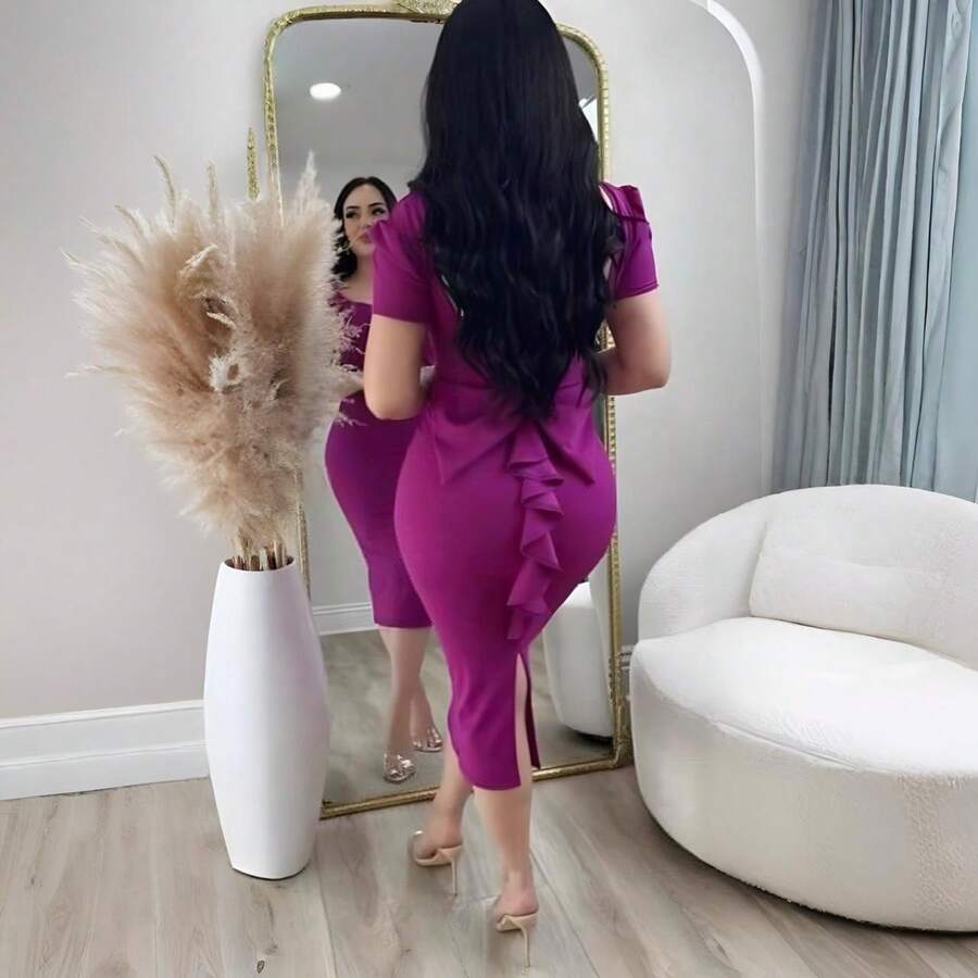 Vestido ajustado tipo sirena, con abertura en la parte trasera sexy manga corta dama formal fiesta elegancia fresco vestido corto - Púrpura malva - Ver 1