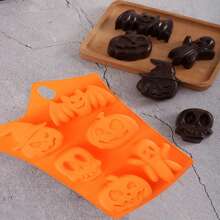 1pc Halloween Silicone Chocolate Cake Molds, 6 Cavity Baking Mold Nonstick Pumpkin Skull Ghost Shape Design Jello Ice Cube For Family Halloween Party DIY Decoration