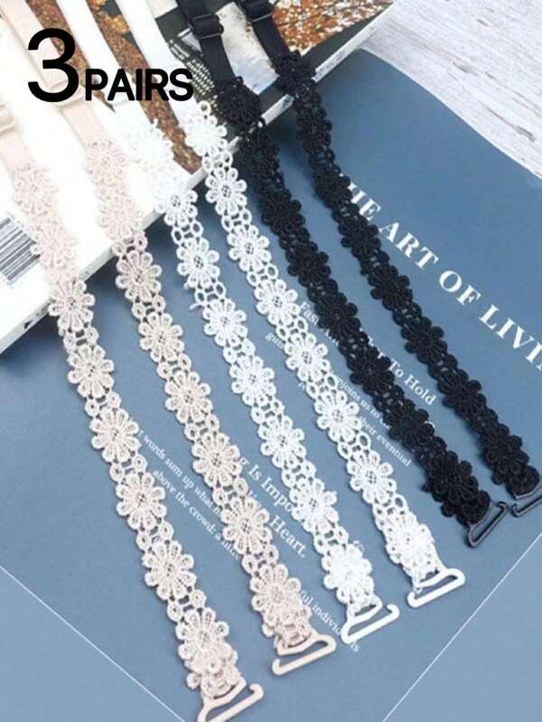 3 Pairs Women Daisy Flower Shaped Elastic Invisible Bra Strap, White, Nude, Black Sexy Lingerie Accessories