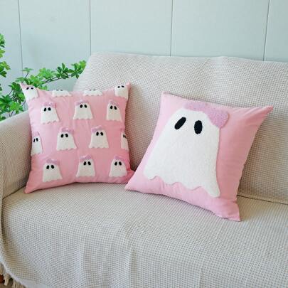 1 pieza Funda de cojín bordada con fantasma, cojín de Halloween para sofá, sala de estar, cojín con bordado de lazo