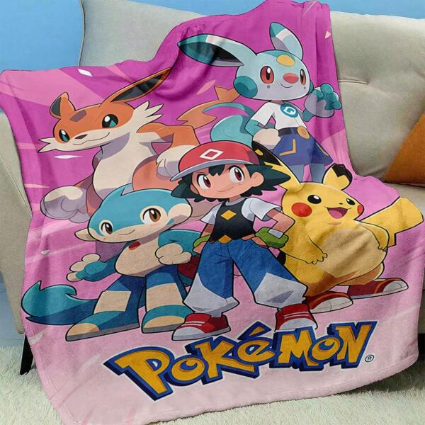 pokemon 1pc Pokemon Ash & Pikachu Soft Blanket, Digital Print Cozy Throw Blanket, Warm Polyester Fiber Suitable For Camping, Sofa Or Travel, Vintage Cartoon Design For Holiday Season