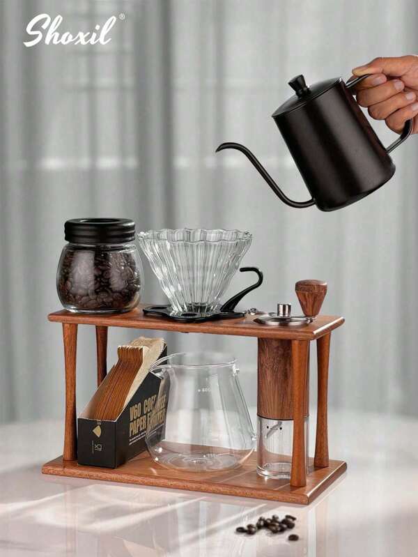 shoxil 1PC/7PCs Premium Coffee Storage Set - Complete Pour Over Kit With 600ml Glass Pot, Dripper, Sharing Pot, 100 Filters, Grinder & Canister | Multi-Functional Stand
