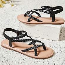 Women's Wide Width Flat Sandals, Flip Flop Casual Slip On Strappy Sandals Summer Beach Shoes For Women. - 黑色 - 查看 2