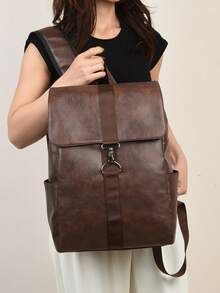 PU Backpack Leather Leisure Backpack Flip Buckle Men And Women Commuter Computer Bag Motorcycle Retro Backpack Multi-Pocket Fashion Bag Can Be Used As A Gift Bag For School School Accessories School Stuff - Multicolor - View 7