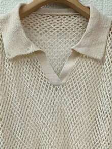 海滩度假欧美休闲宽松大码女套头毛衣，镂空半透明长袖，大码翻领针织上衣