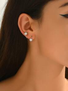 1 Pair Creative Minimalist Fashion Elegant Rhinestone Double-Head Screw Earrings, Suitable As Holiday Gift, Party/Event Wear - Silver - View 3