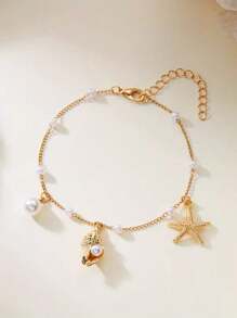 1pc Elegant Minimalist Faux Pearl Shell & Starfish Pendant Anklet, Suitable For Men And Women, Beautiful Holiday Gift