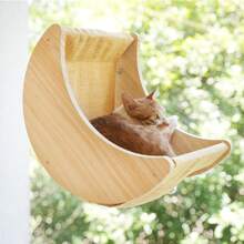 1 szt. Drewniany hamak dla kota, żerdź okienna z przyssawką, wiszące legowisko dla kota, legowisko w kształcie półksiężyca do użytku w pomieszczeniach, odpowiednie dla zwierząt domowych, kotów, legowisk dla kotów, domków dla kotów, mebli dla zwierząt, legowisk dla zwierząt, akcesoriów dla zwierząt, artykułów do użytku w pomieszczeniach, zabawek dla zwierząt, artykułów do użytku na zewnątrz, artykułów gospodarstwa domowego, drapaków dla kotów, legowisk i poduszek dla zwierząt