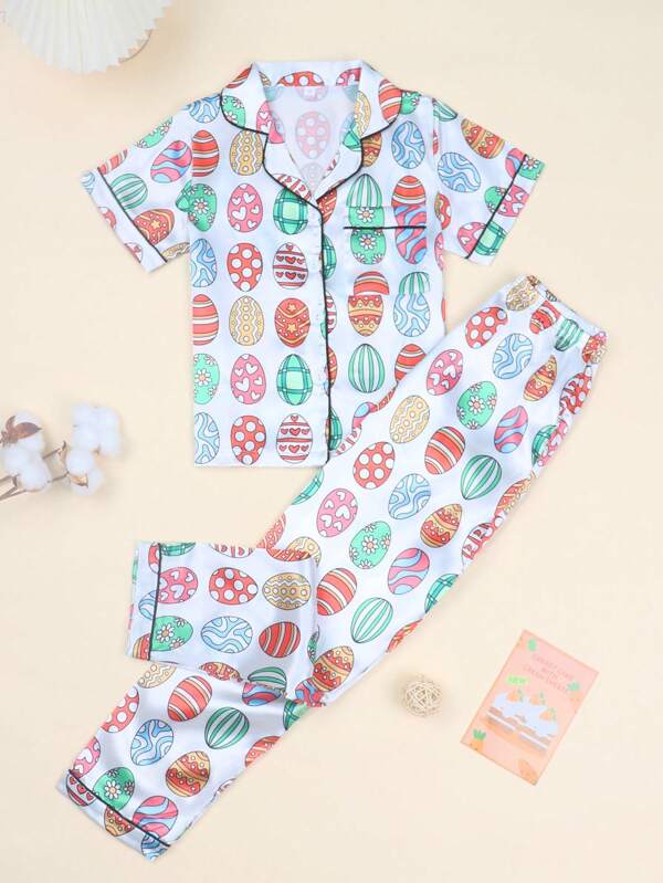 Set de 2 piezas de pijamas de verano para niñas, con Top tipo cardigan de manga corta con estampado de dibujos animados y pantalones largos de tela de sarga casual