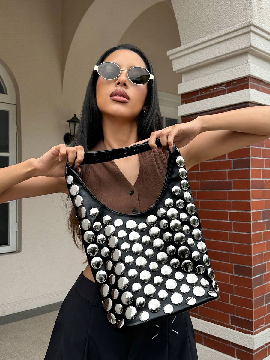 DareSee 1pc European & American Punk Style Handcrafted Double-Sided Fully Studded Round Rivet Embedded Niche Luxury Bucket Bag, Elegant Office Lady Underarm Shoulder Bag Music Fest Y2KFest Back To School Autumn , Bags Perfect For Fancy Party Matching With Costumes Winter Gifts Music Fest - Black - View 1