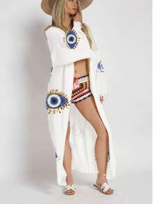 Cotton Gauze Print Kimono - 白色 - 查看 2
