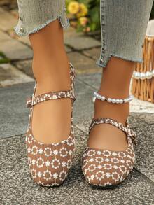 Cross-Border Trade Plus Size 35-43 New Fashion Brown Floral Print Square Toe Flat Shoes, Daily Wear Slip-On Single Strap Pair With Dresses, Randomized Vamp Pattern - Small Brown Flowers - View 5