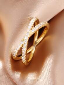 1 pieza Anillo de cobre con circonita cúbica de diseño cruzado único, adecuado para anillo de aniversario, anillo de pareja, regalo de cumpleaños, unisex