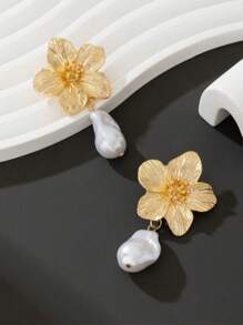 1 Pair Elegant Multi-Color Dopamine-Inspired Golden Flower-Shaped 5-Petal Pearl Earrings, Wedding Gift For Women