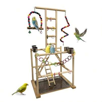 Bird Play Stand Large Parakeet Playground Natural Wood Parrot Perch Stand Birds Play Gym Cockatoos Cage Accessories With Feeder Cups Swings For Cockatiel Budgie Conure