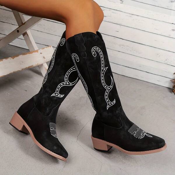 Botas bordadas de tacón medio, botas de mujer de uso diario y para ir al trabajo con estilo western y tacón grueso, adecuadas para el Día de San Valentín y festivales de música, de fácil puesta