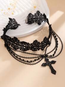 1pc Gothic Style Black Lace Choker Necklace With Cross Pendant & Tassels, Vintage Fashion Collar Necklace
