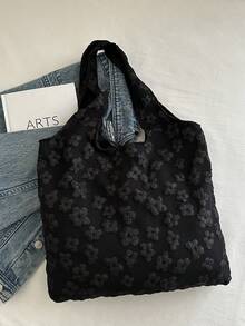 Floral Print Cute Tote Bag, Fashionable Solid Color Floral Design Canvas Tote Bag, Large Capacity Floral Pattern Shopping Bag, Suitable For Women, Young Professionals, Office Ladies, Teacher Gifts, Girls, Teenagers, Ladies, Women Large Capacity Business/Commute/Work/Office , Bow - Black - View 2