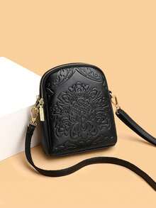 Embossed Women Mini Crossbody Bag Shoulder Bag Messenger Bag For Shopping, Wallet, Purse, Young Ladies, College Students, Beginners, Office Ladies. Suitable For Office, University, Work, Business, Commute, Outdoor Activities, Travel And Picnic - Black - View 1