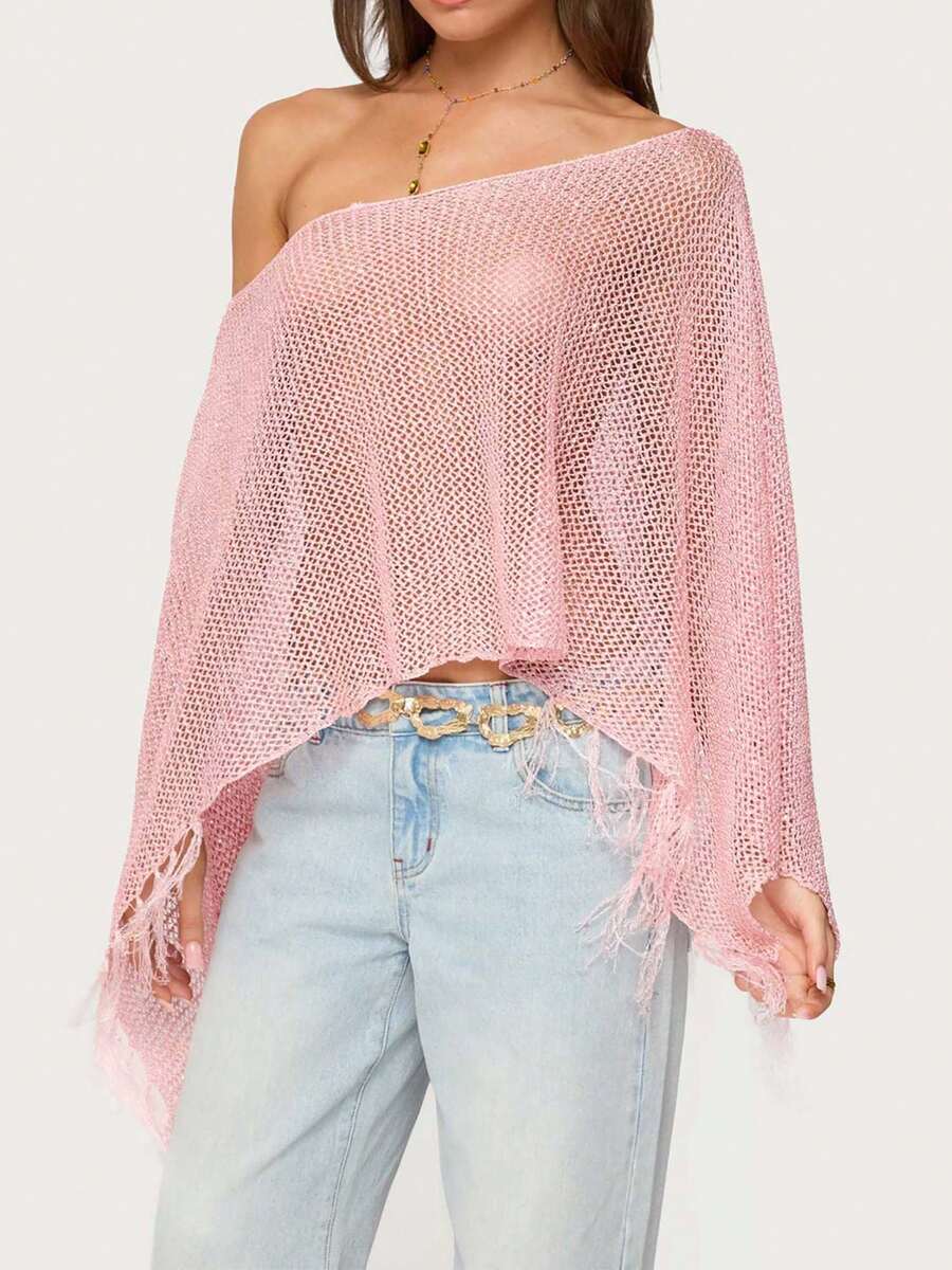 Women's Crochet Coverups With Tassels Loose Solid Color Hollowed Off Shoulder Swimsuit Cover Up Tops Beachwear - 粉色 - 查看 1