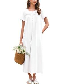 Camisón de mujer Ekouaer de algodón, camisón largo con mangas cortas, con bolsillos, botones y suave ropa de dormir