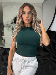 Manon Tanti Short Sleeve Snatched T-Shirt Casual Summer Spring Vacation Everyday - Dark Green - View 5